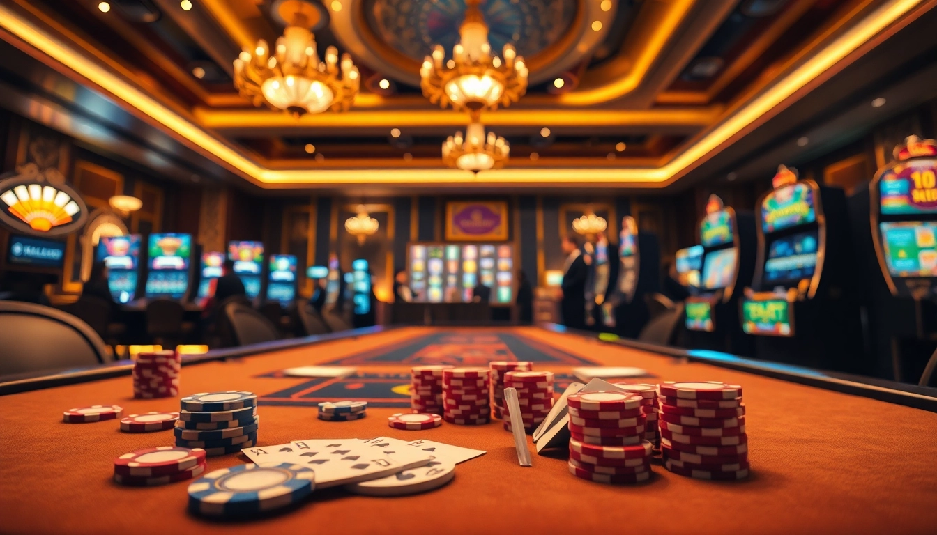 Nohu90 online casino scene featuring poker chips and slot machines amid luxurious decor.