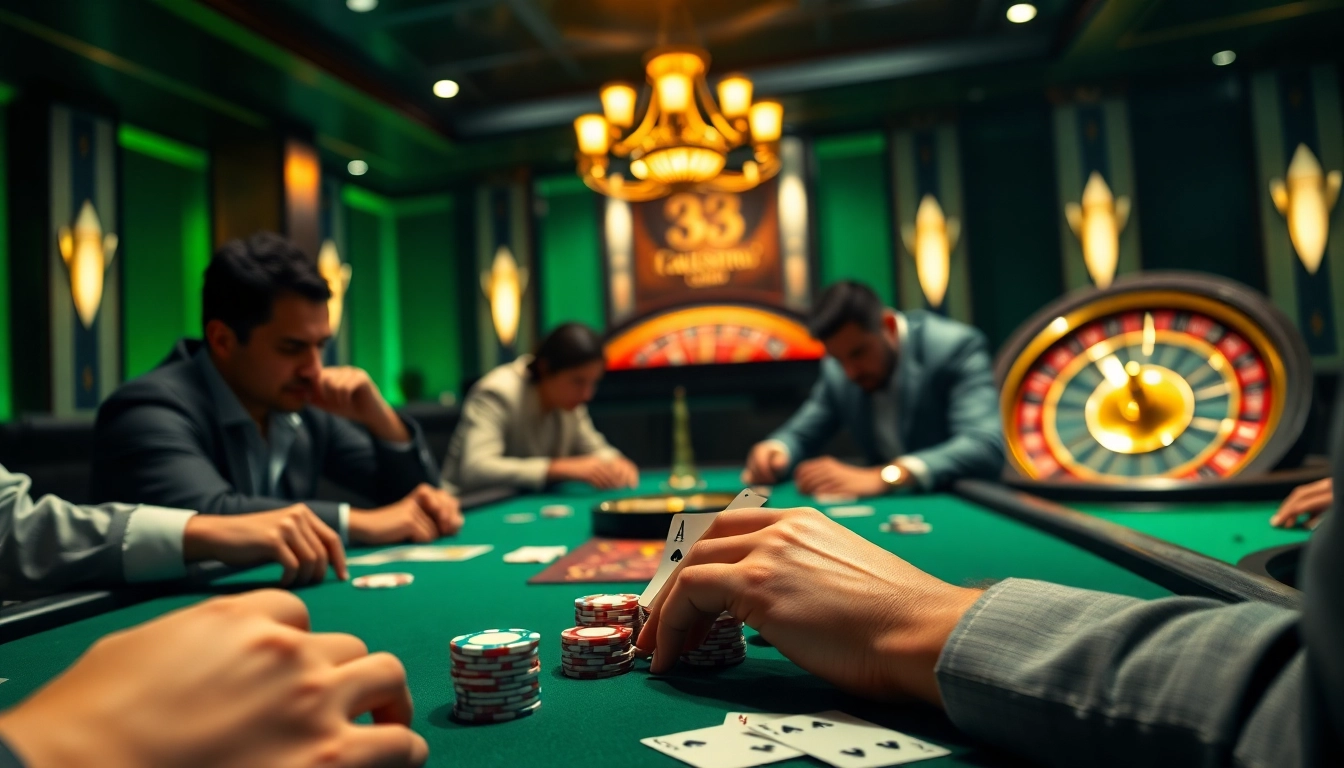 Experience exciting gameplay with 33BD in a luxurious casino setting featuring poker tables and roulette wheels.