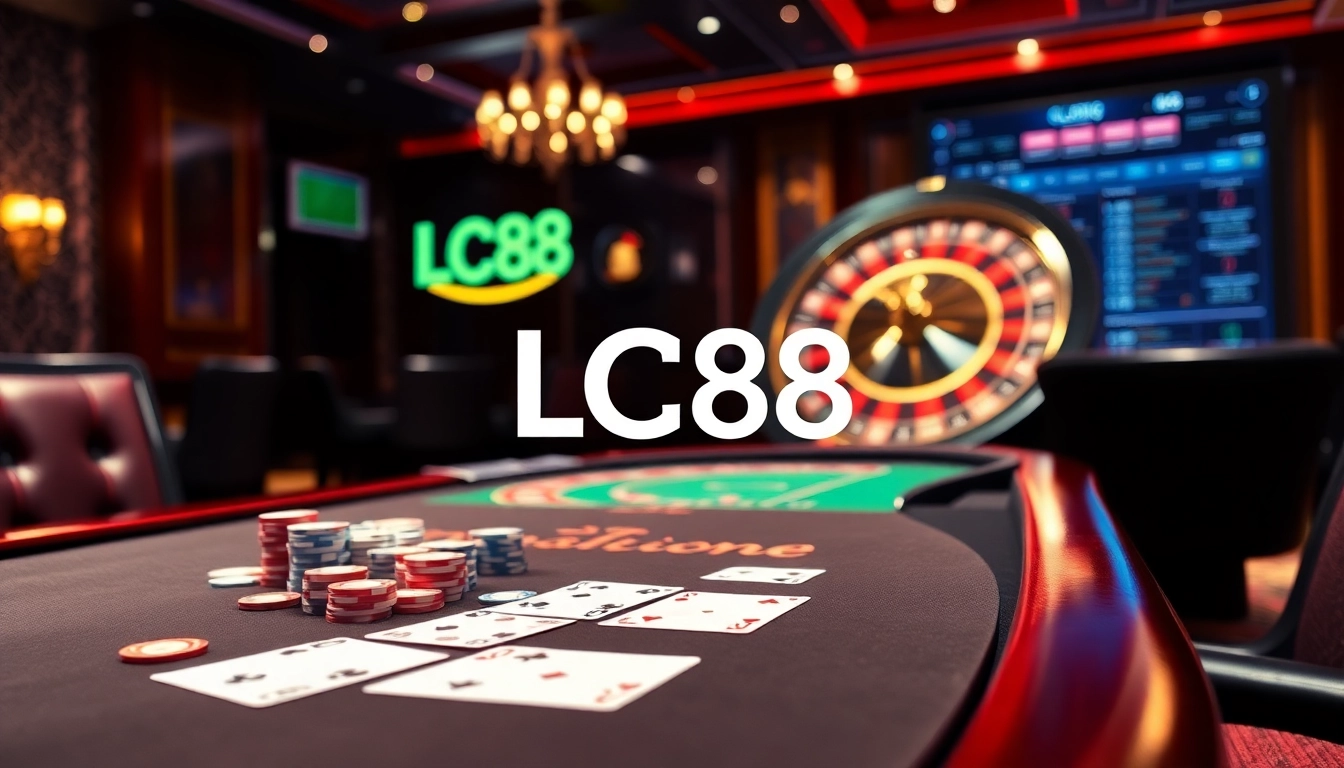 LC88 casino scene with poker table, chips, and roulette wheel highlighting exciting online betting.