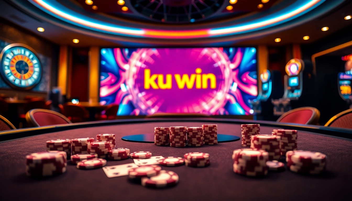 Experience the excitement of ku win at a luxurious casino with vibrant poker and roulette tables.