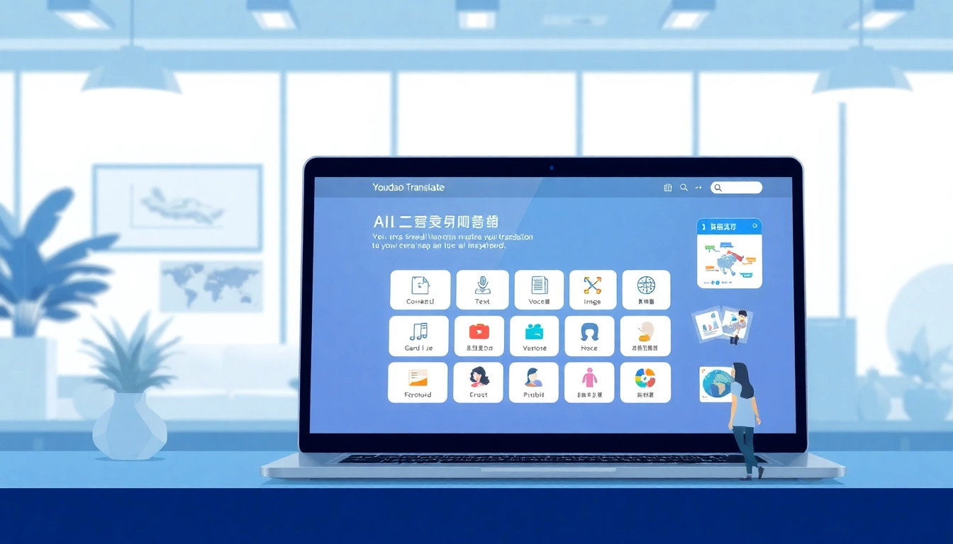 Youdao Translate download interface demonstrated on a laptop, showcasing multilingual features and modern design.