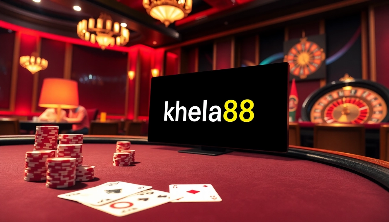 Khela88 exciting casino scene with poker chips and playing cards on a blackjack table.