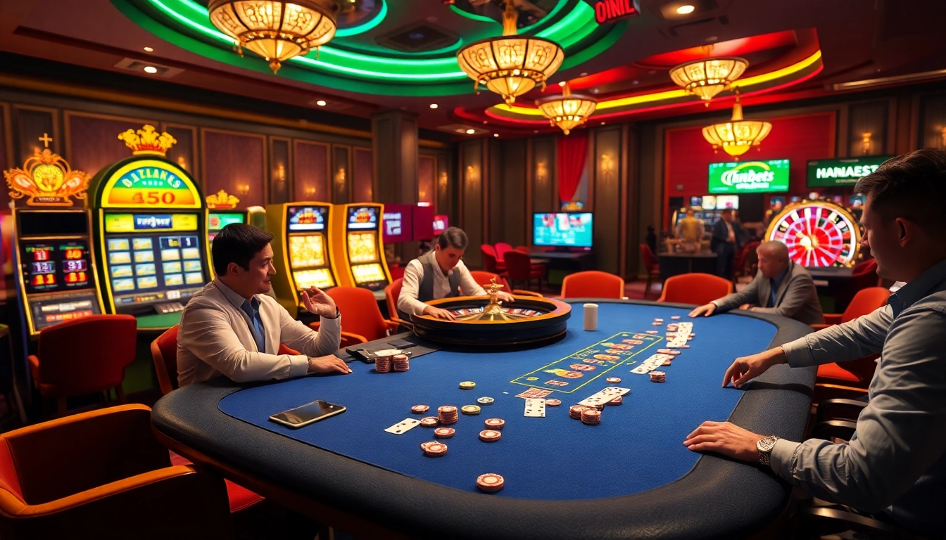 Players strategizing at a poker table, with vibrant casino games and https://thabets.it.com/ branding in view.