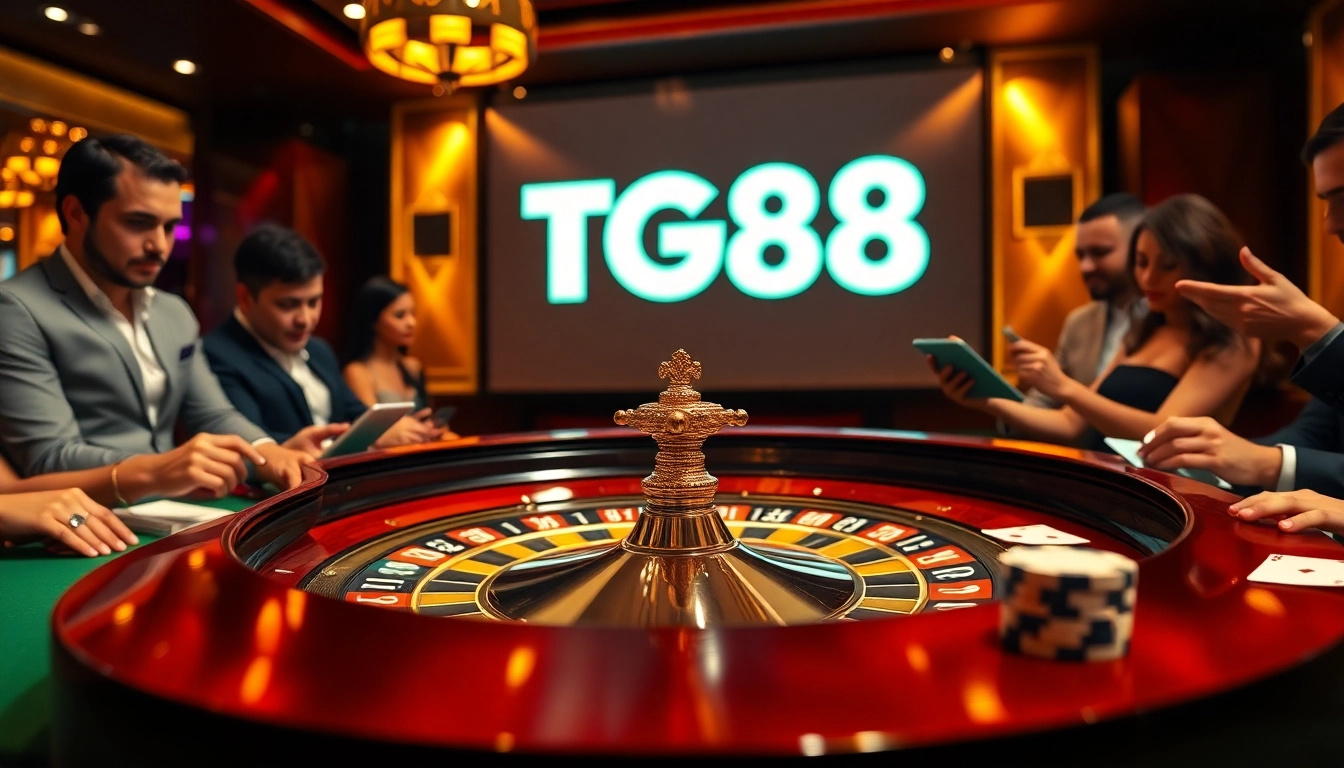 Exciting casino scene with players engaging at the TG88 roulette table, showcasing thrilling gambling action.