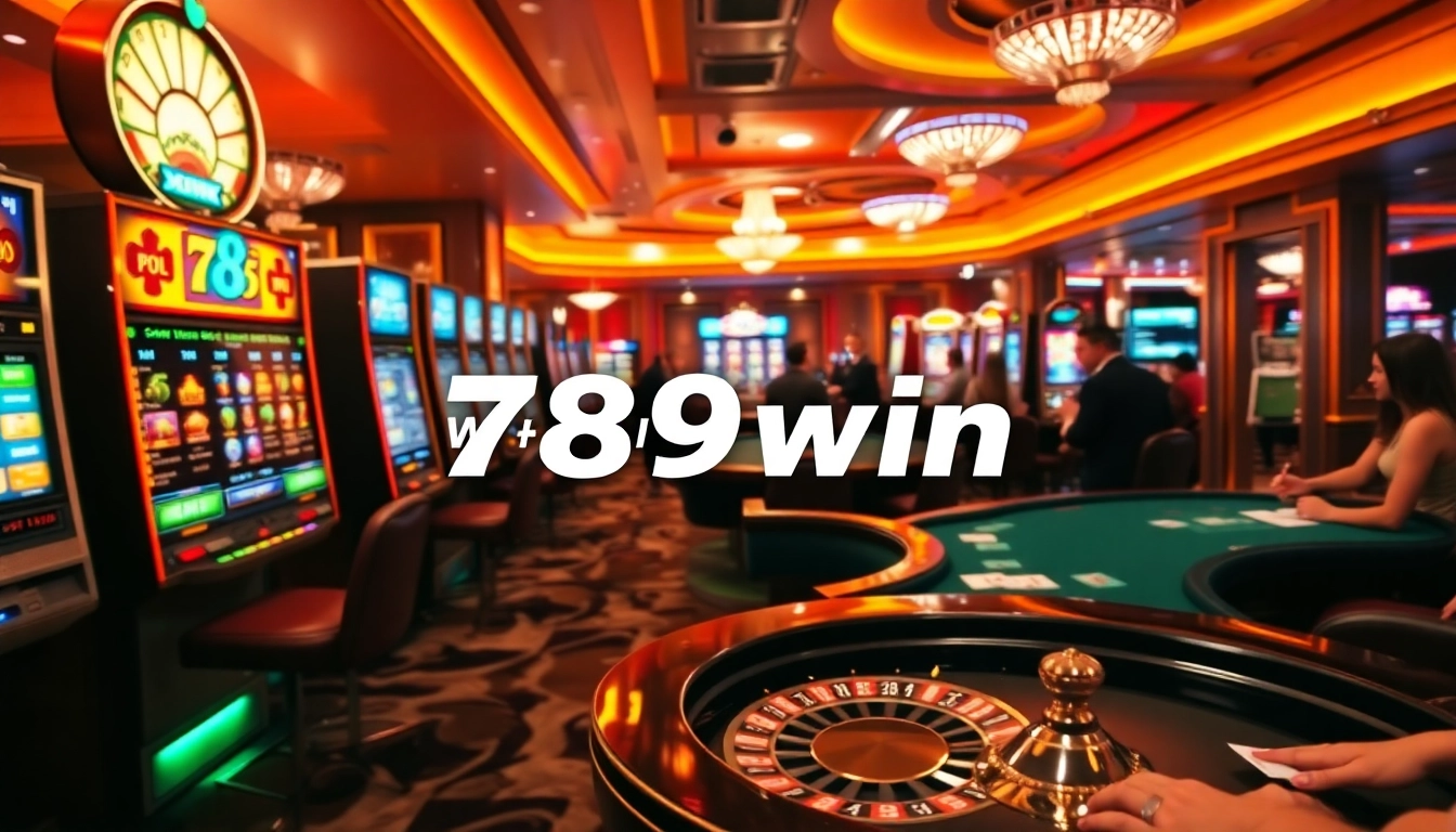 Thrilling casino scene at 789win featuring vibrant slot machines and excited players.