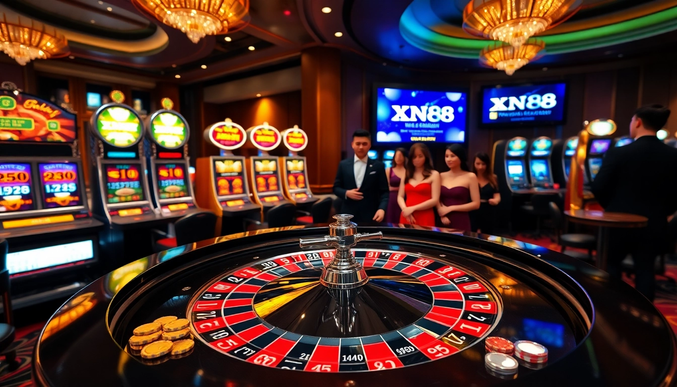 Experience the excitement of XN88 with a luxurious casino scene featuring roulette and slot machines.