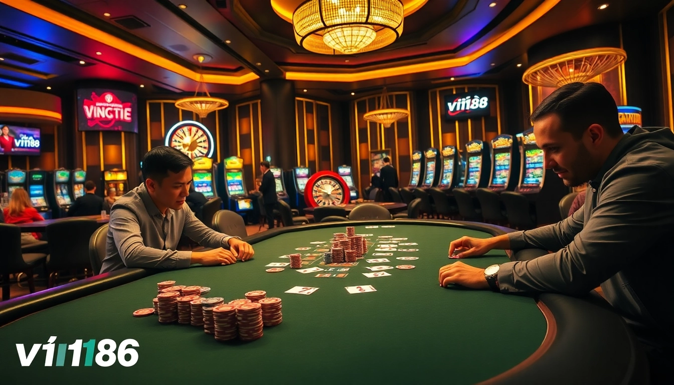 Experience thrilling poker gameplay at vn168 casino, featuring vibrant chips and glamorous atmosphere.