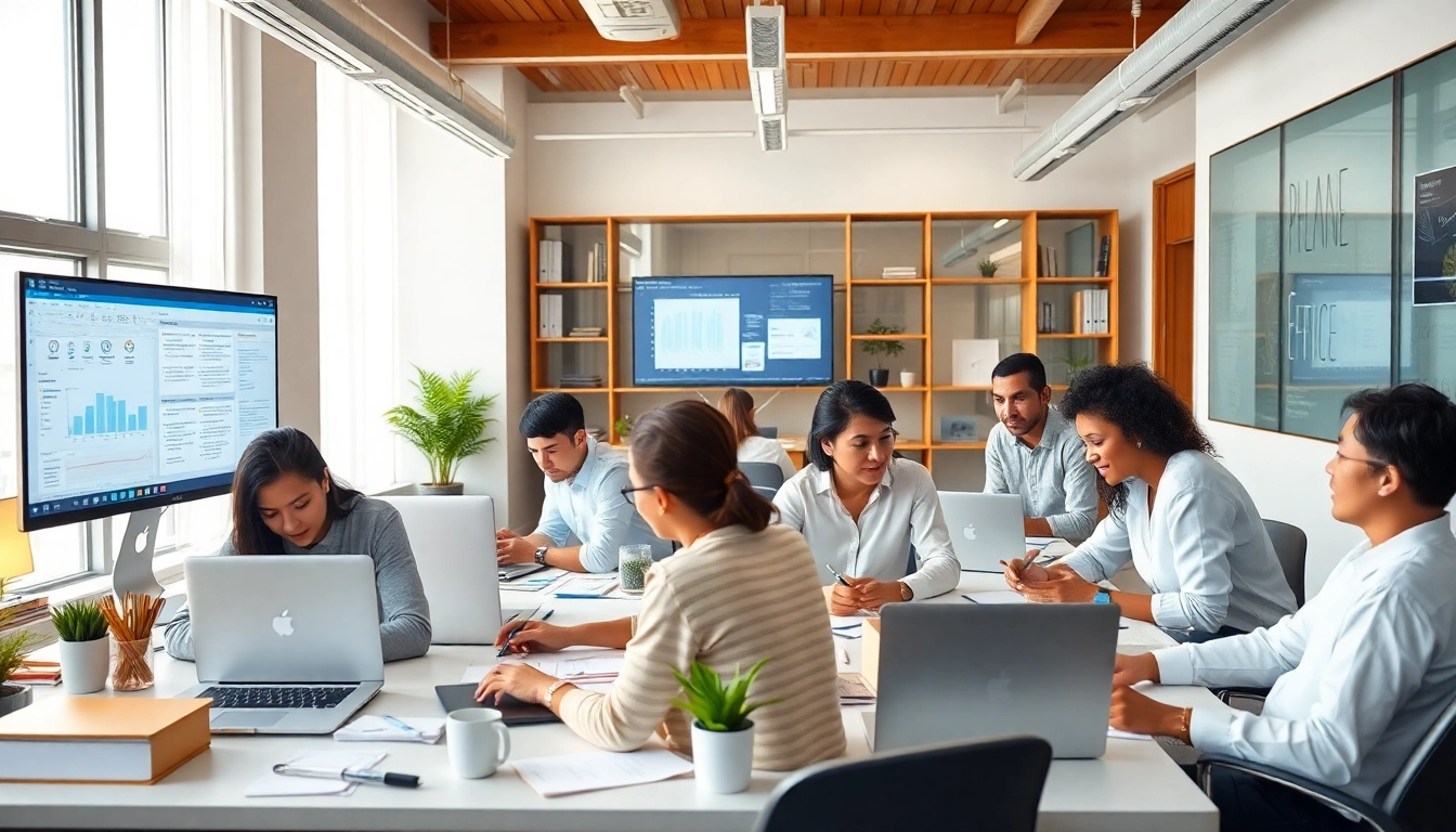 Dynamic professionals enhancing productivity with WPS官网 in a modern workspace.