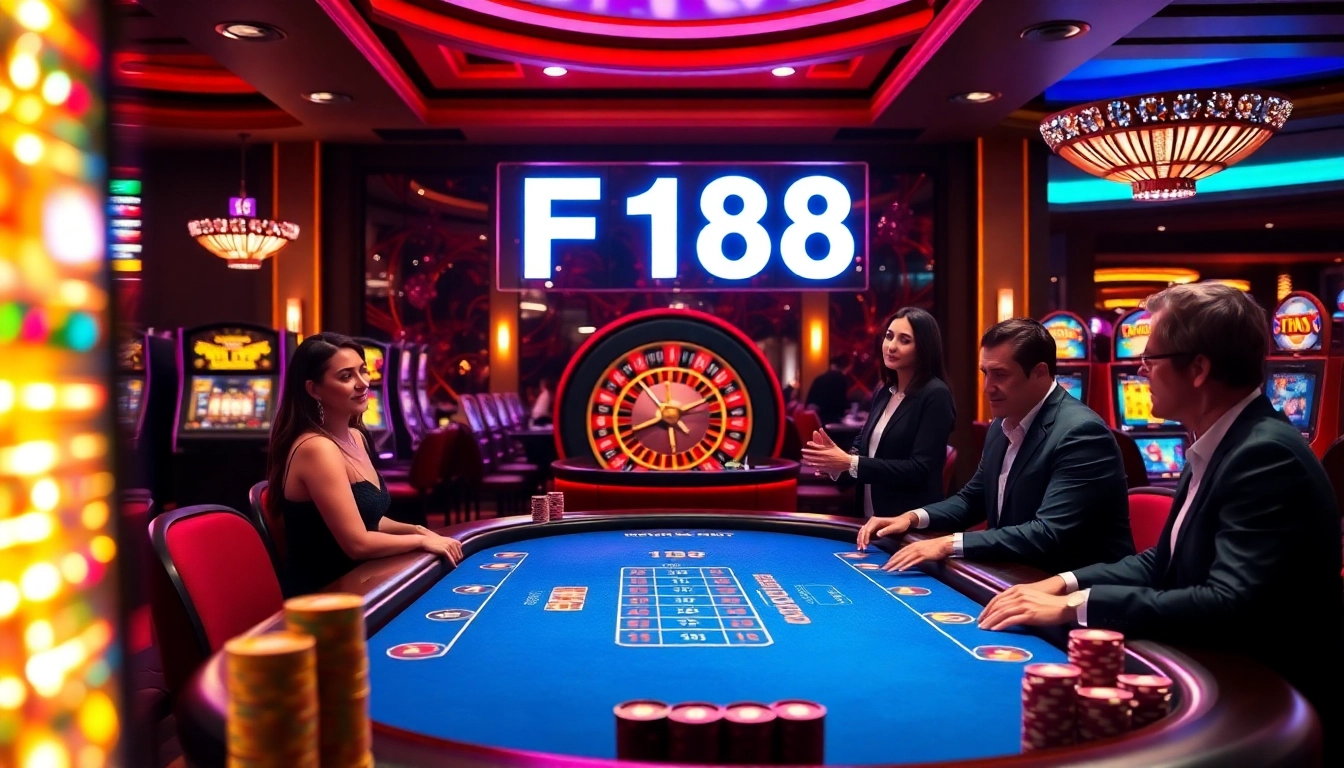 F168 casino scene with vibrant poker table and roulette wheel showcasing luxury and excitement.