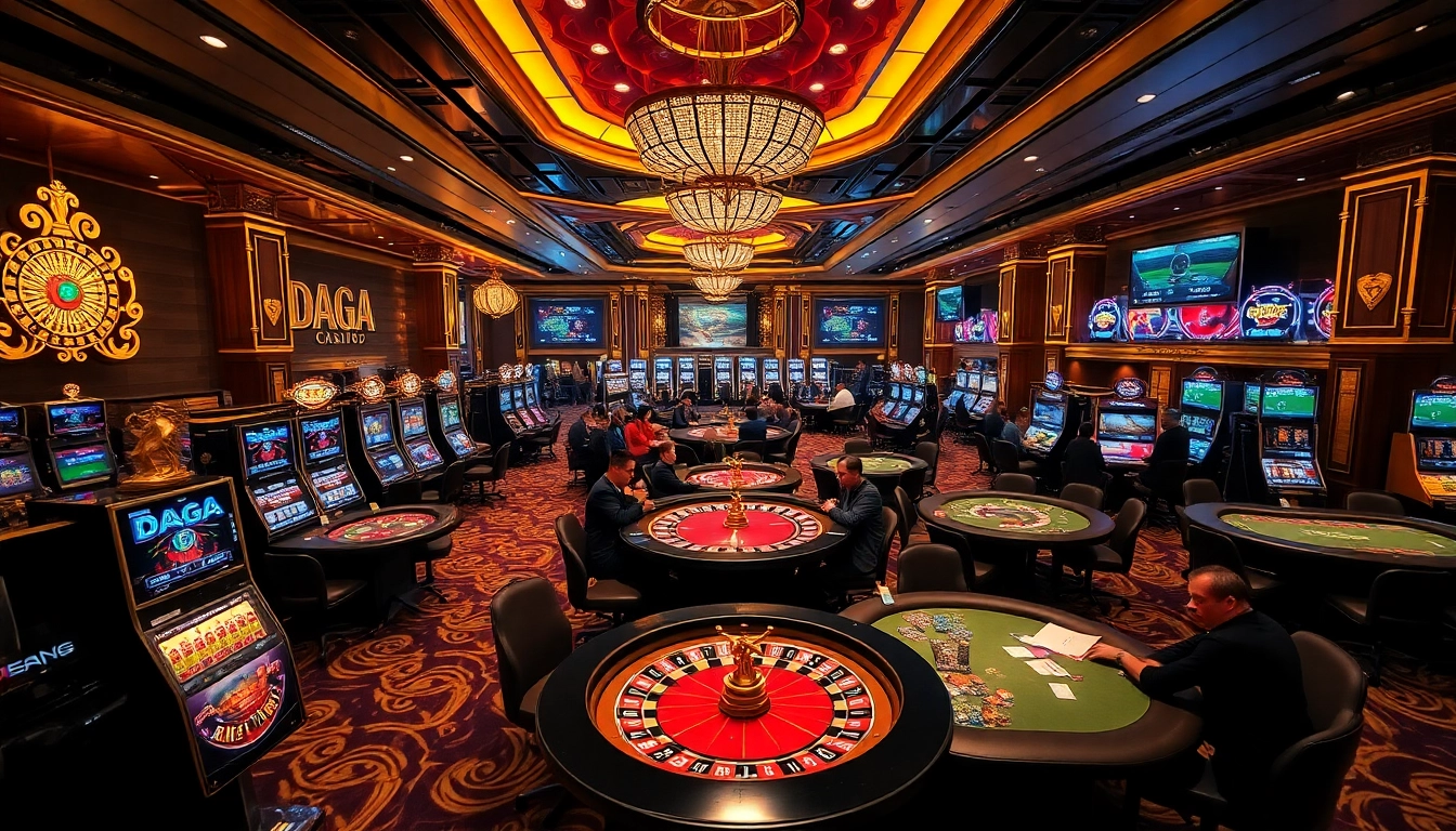 DAGA casino scene with luxurious slot machines and excited players at poker tables