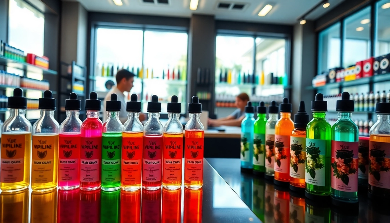 Showcasing vape & e-liquids in a vibrant, modern store setting with colorful e-liquid bottles.