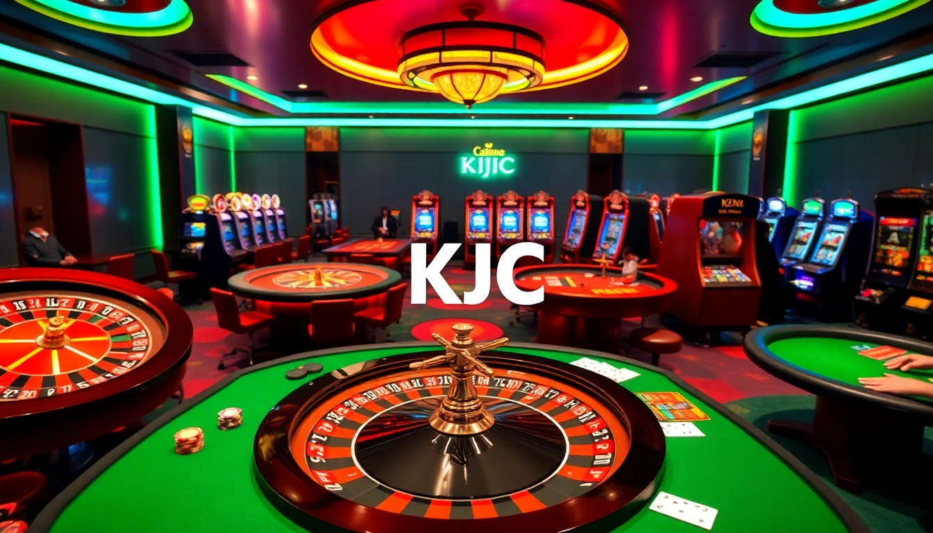 KJC online casino with vibrant tables, roulette, and excitable players engaging in thrilling games.