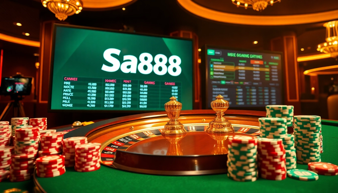 Engage in thrilling online gambling at Sa88 featuring roulette wheels and poker chips.