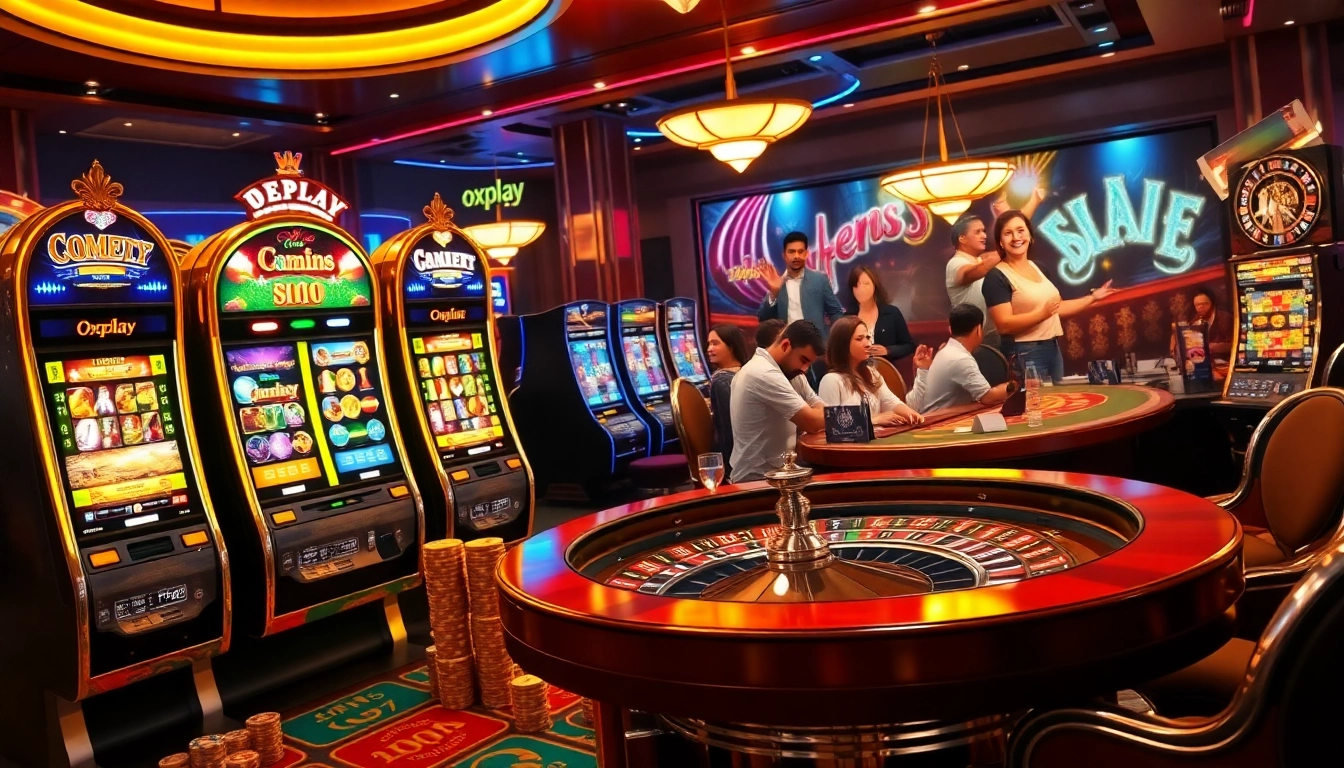 Experience the excitement of oxplay with vibrant slot machines and a roulette wheel in a luxurious casino setting.