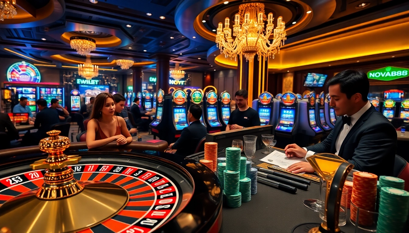 Experience the thrill of nova88 with a vibrant casino scene featuring roulette, poker chips, and slot machines.