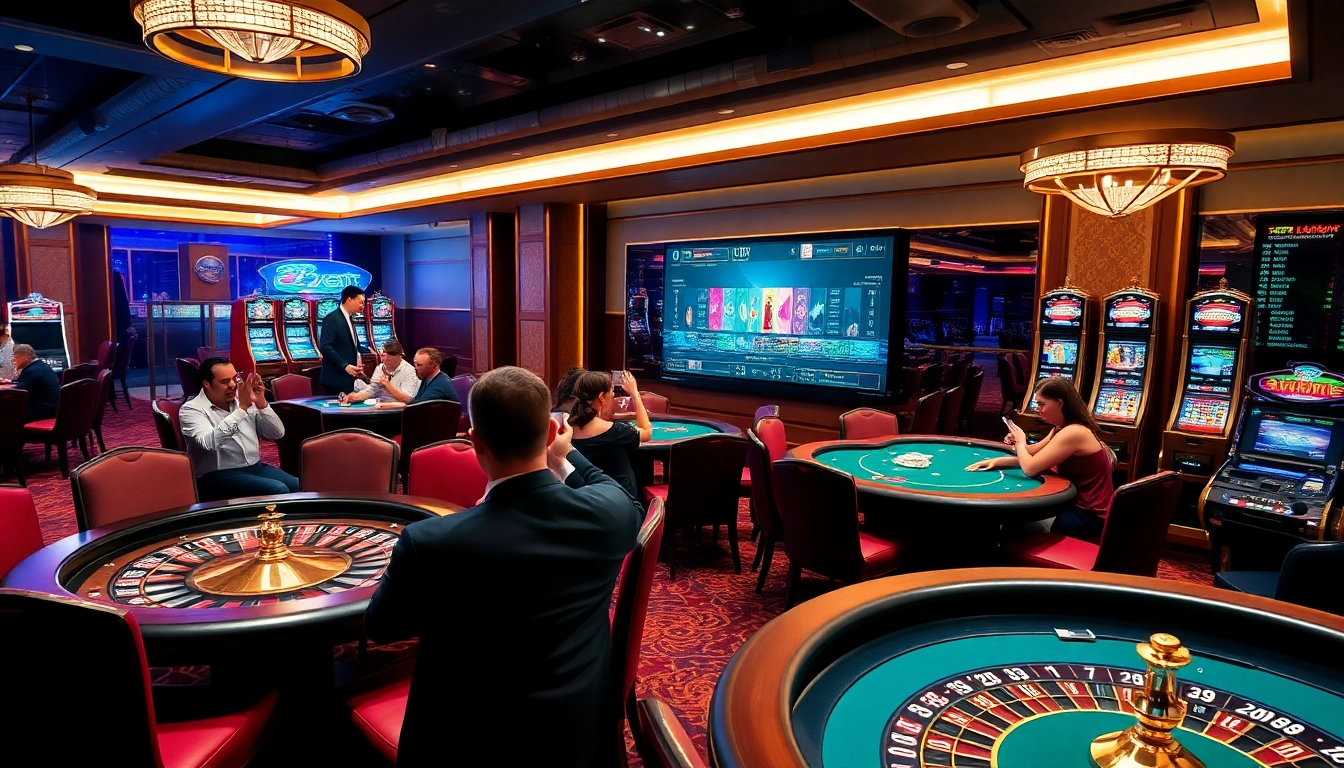 E2BET players engaged in an exciting poker game at a luxurious online casino.