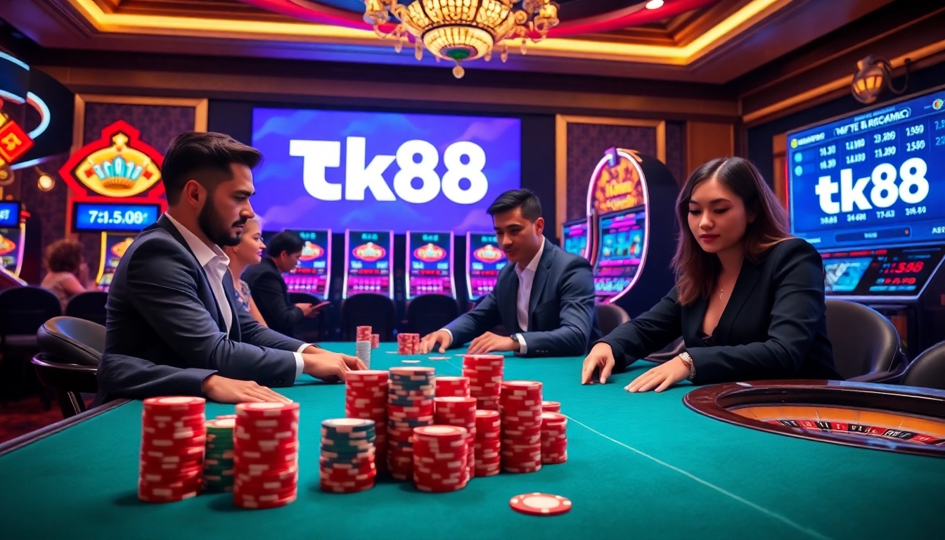 Players betting at a high-stakes poker table while engaging with Tk88 online gaming.