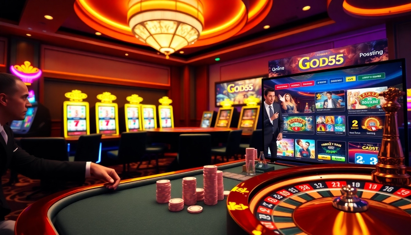 Experience the excitement at God55 with a lively casino table featuring cards, chips, and a roulette wheel.