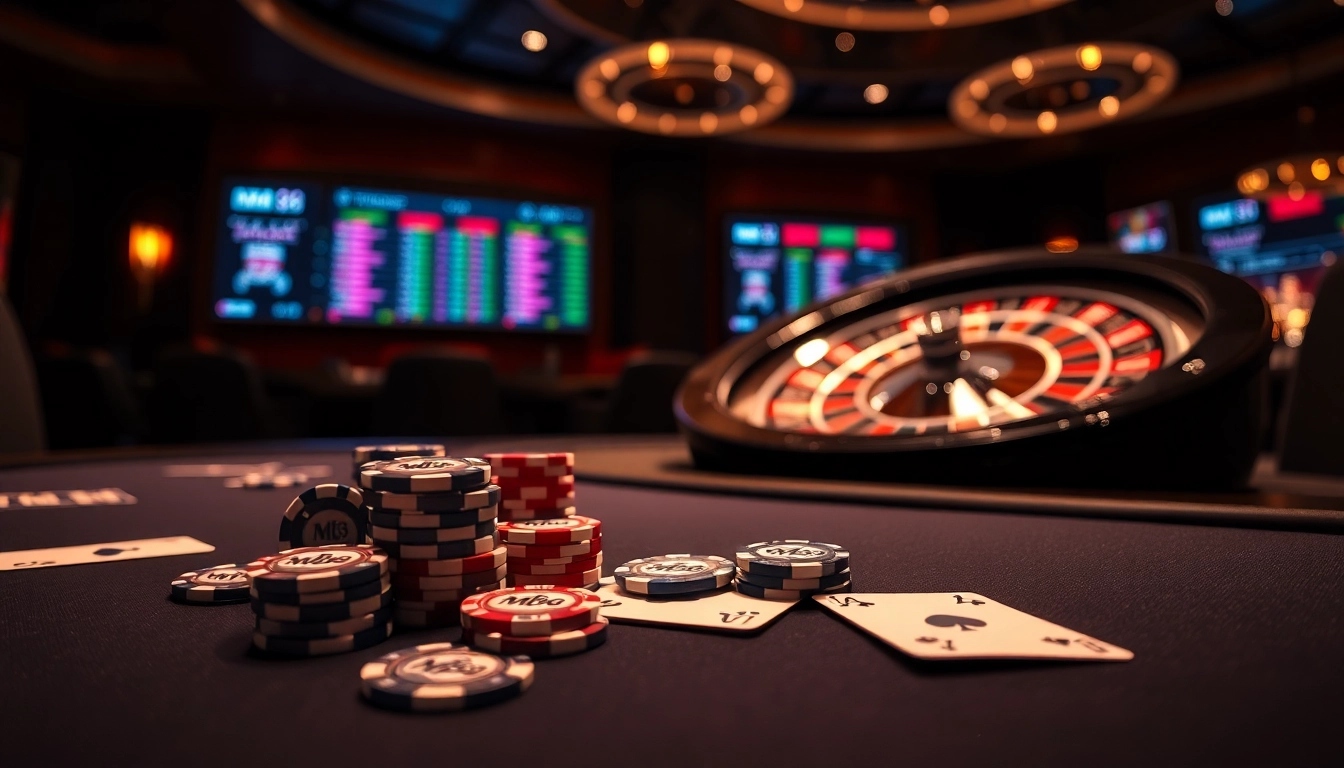 Experience excitement at MM88 with luxurious casino tables, vibrant chips, and live betting screens.