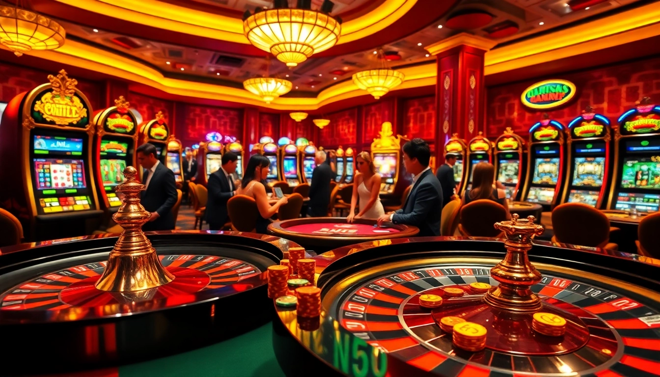 Experience the excitement of gaming at https://kk55.host/ with a vibrant casino scene featuring roulette, chips, and slot machines.