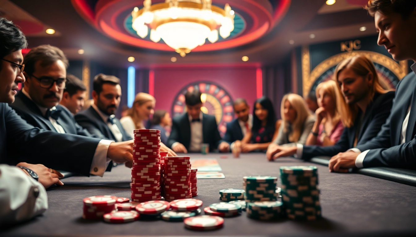 KJC poker chips stacked at an elegant casino table with players enjoying high stakes.