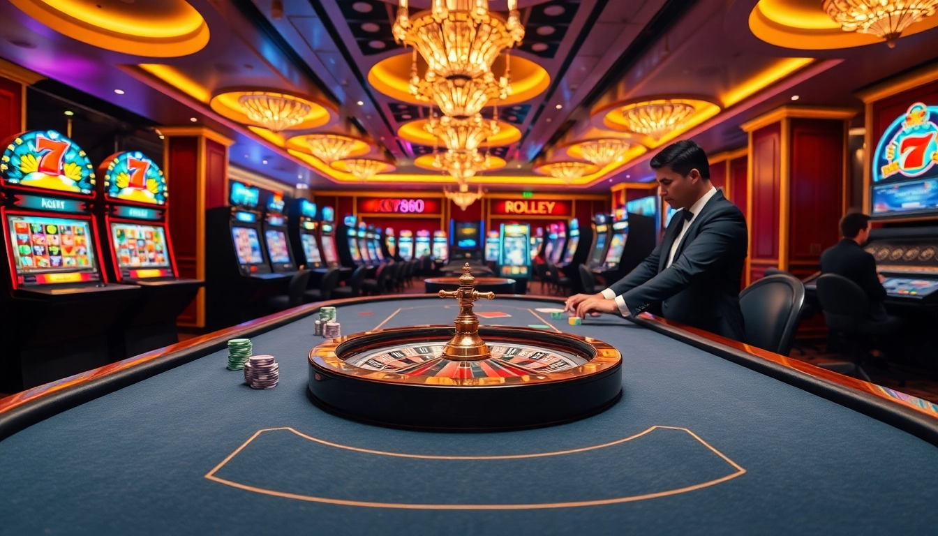 Players enjoying a high-stakes game at KP88 casino, showcasing vibrant slots and professional dealers.