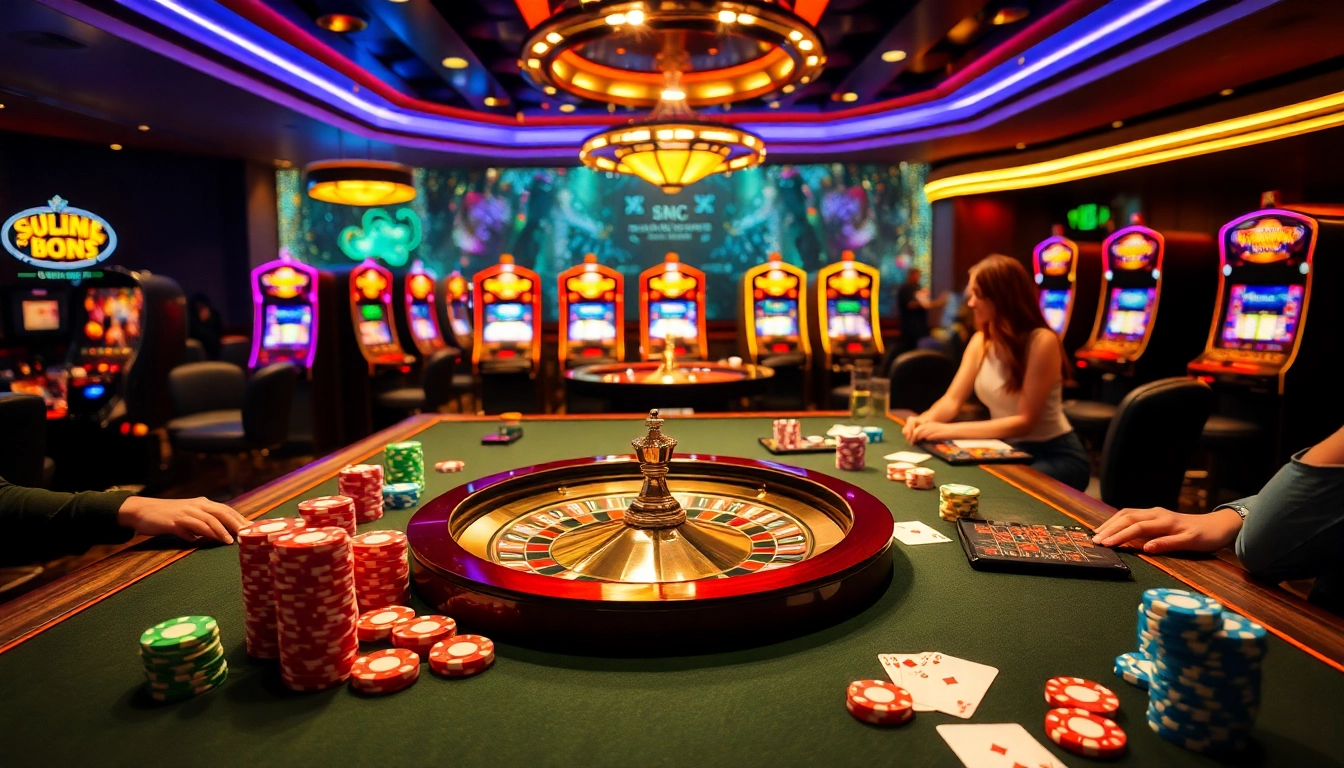 Engaging in intense game bài action at a luxurious casino setting filled with vibrant poker chips.