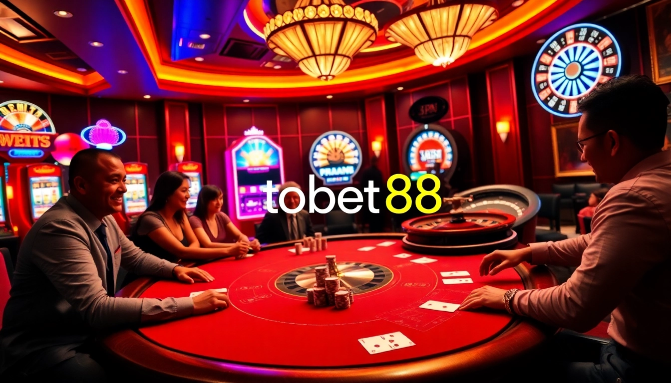 Tobet88 poker table with players engaged, vibrant slot machines, and roulette wheel spinning.