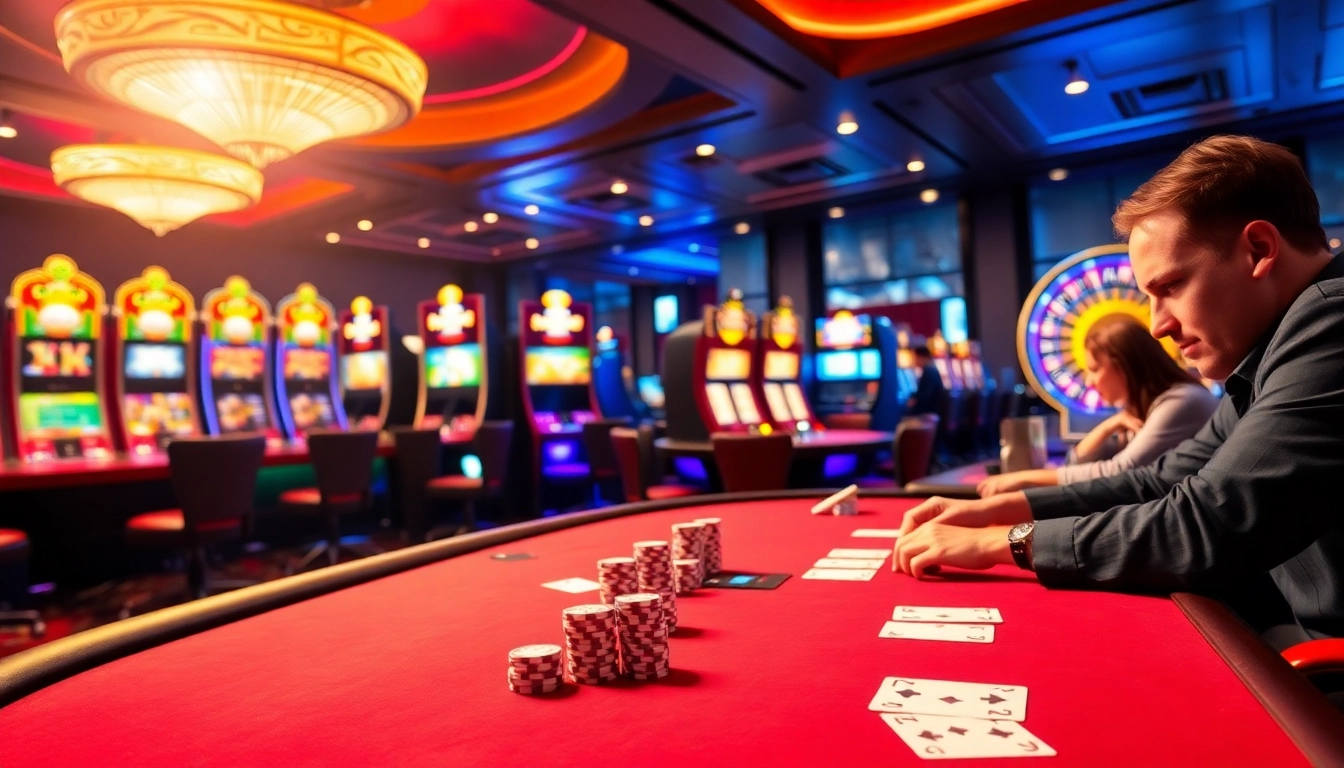Experience sbobet online betting excitement at a luxurious casino table surrounded by vibrant slot machines.