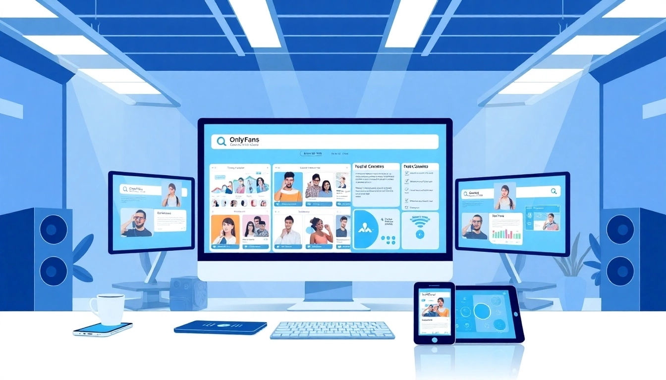 Tools for finding OnlyFans creators showcased on a modern search interface in a tech workspace.