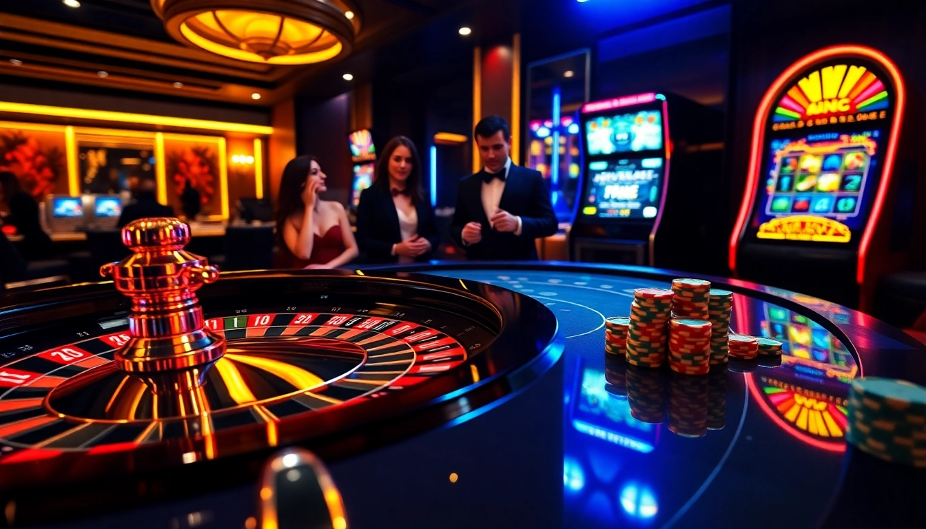 KJC online casino with a luxurious roulette table and vibrant poker chips in an upscale setting.