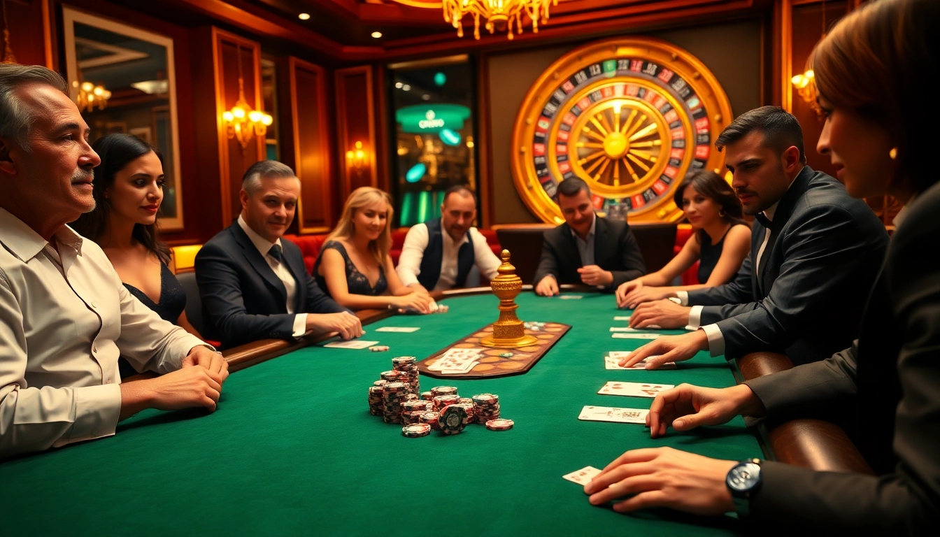 SODO casino poker game with glamorous players and a roulette wheel in a luxurious setting