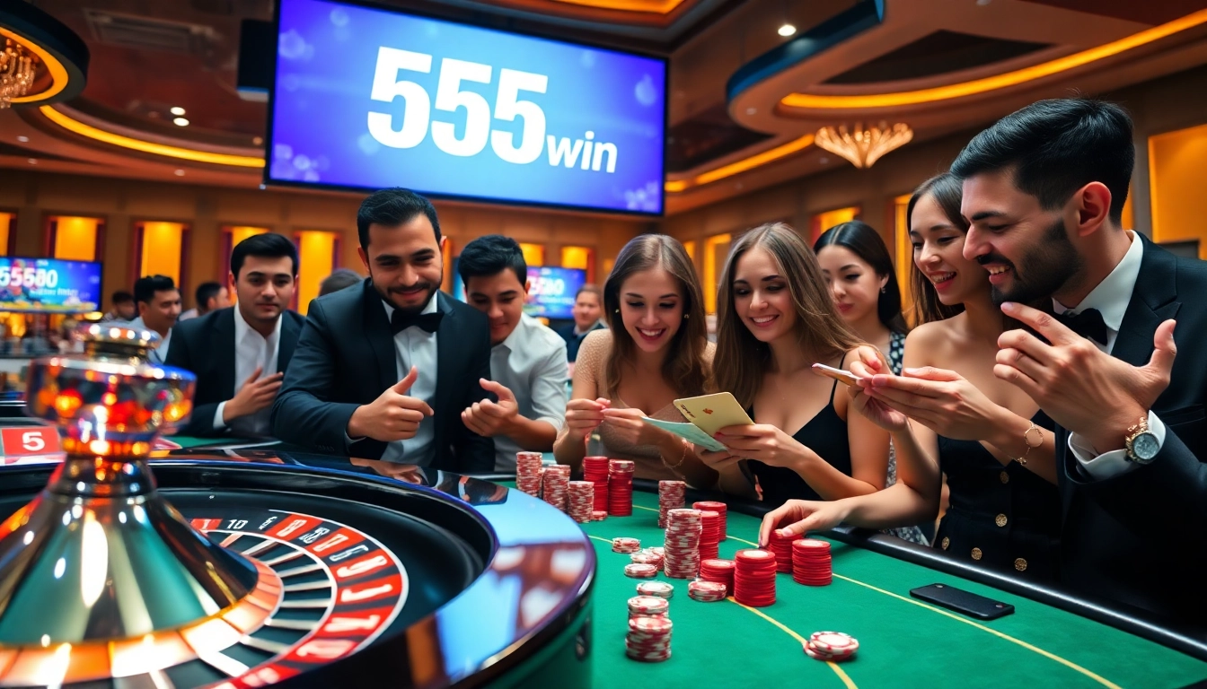 Players celebrating a win at the casino with poker chips and the 555win logo in the spotlight.