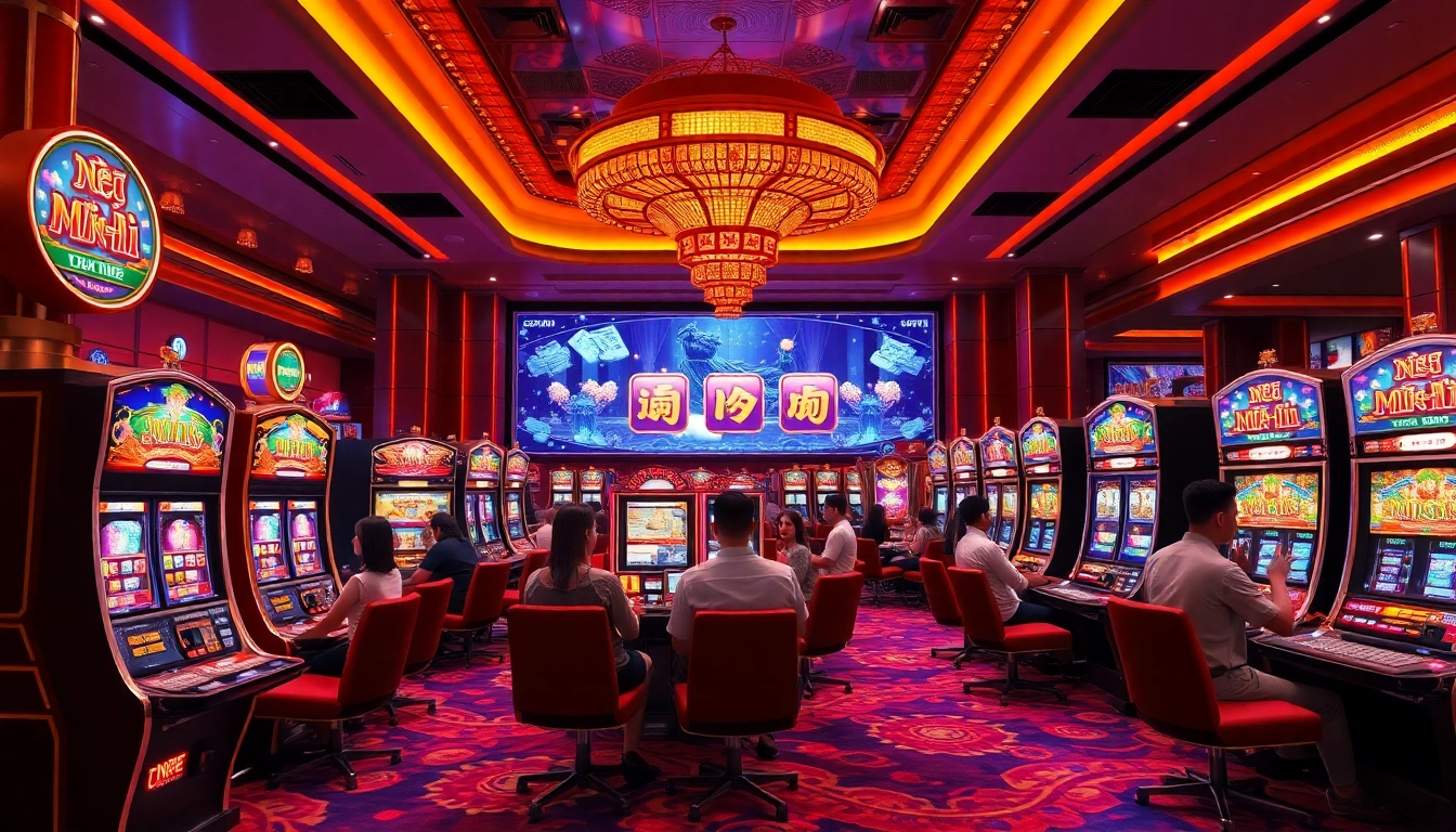Exciting gaming scene featuring nổ hũ slot machines with enthusiastic players in a luxurious casino.