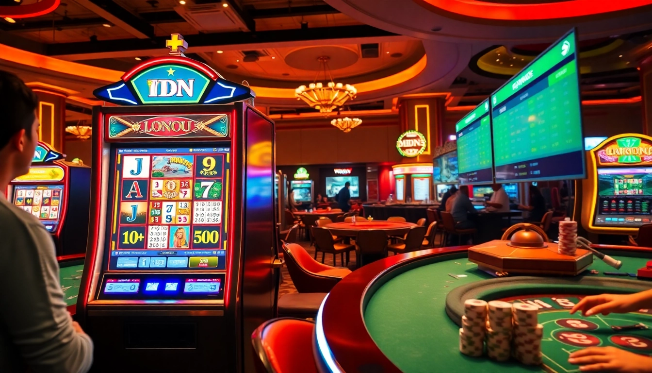 Players winning at an idnslot machine amid a lively casino atmosphere.
