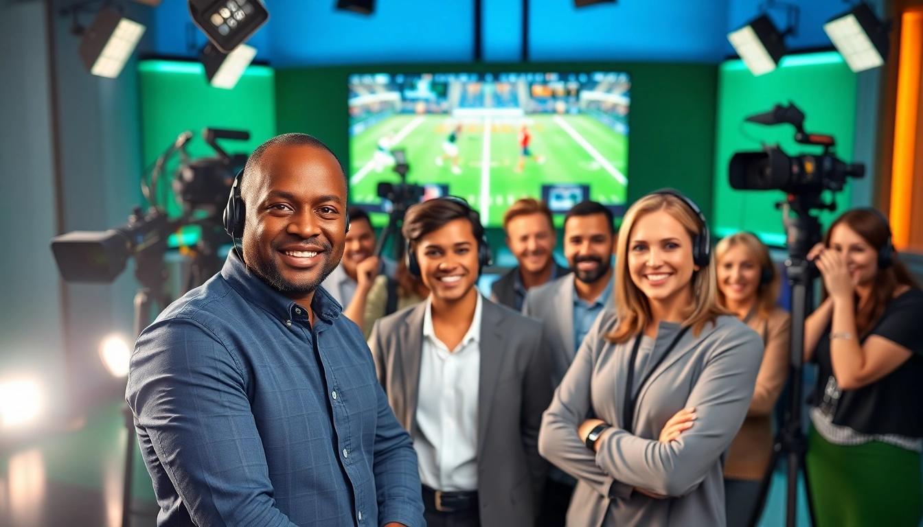 Engaging sports broadcasting scene showcasing a diverse team in a modern studio setting.