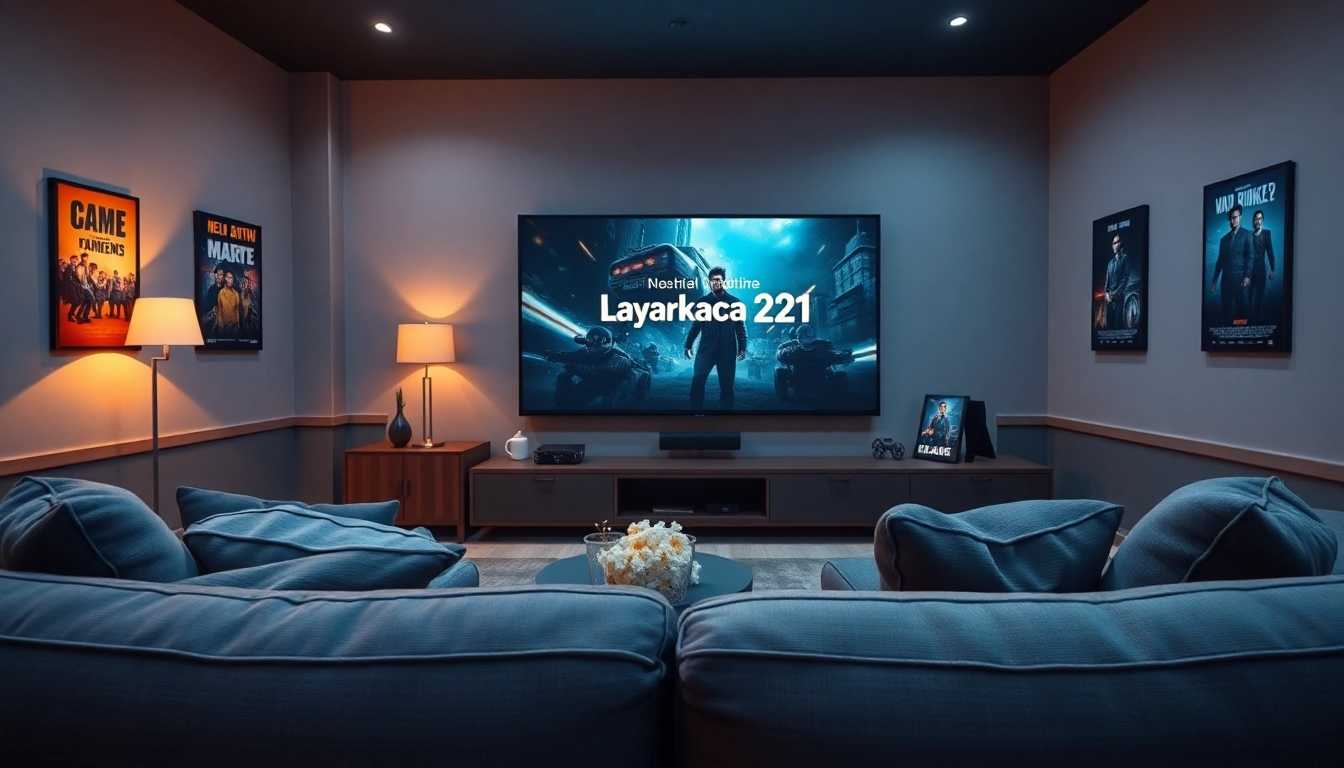 Home theater setup showcasing layarkaca21 with cozy ambience and movie props.