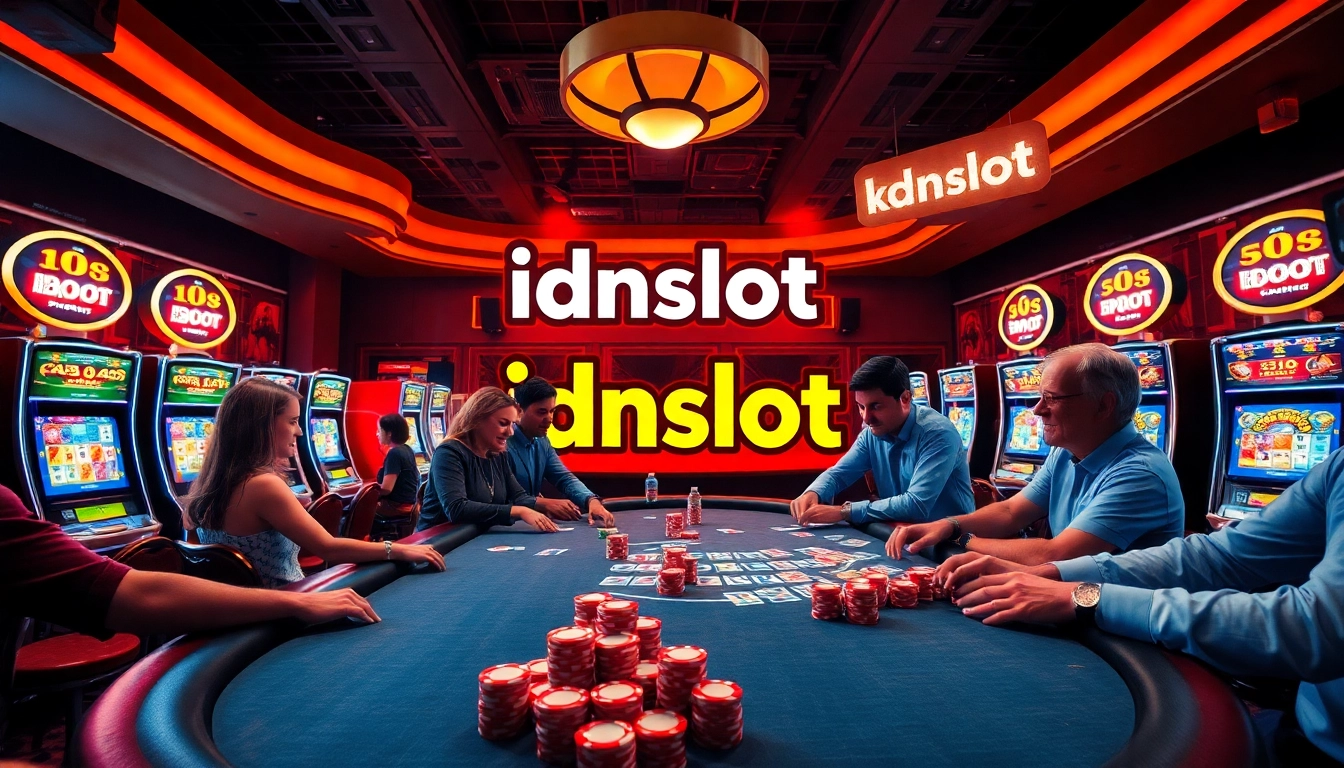 Idnslot players enjoying exciting slot games in a luxurious casino setting.