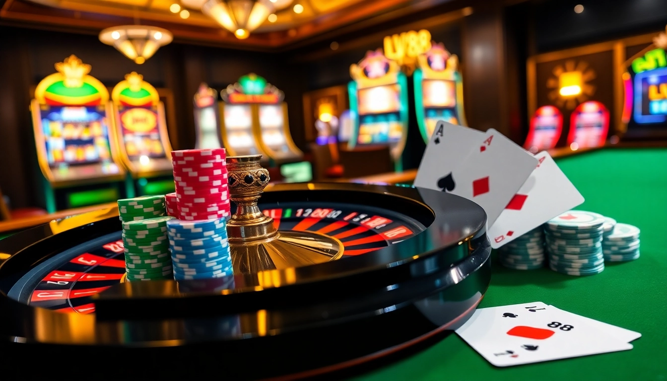 Exciting casino scene with LV88 logo on roulette wheel and vibrant poker chips.