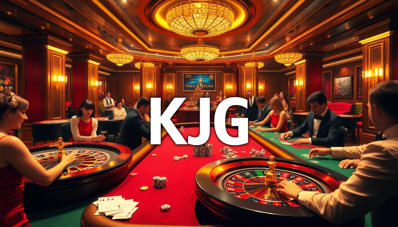 KJC players strategizing bets at a vibrant casino table with poker chips and cards.