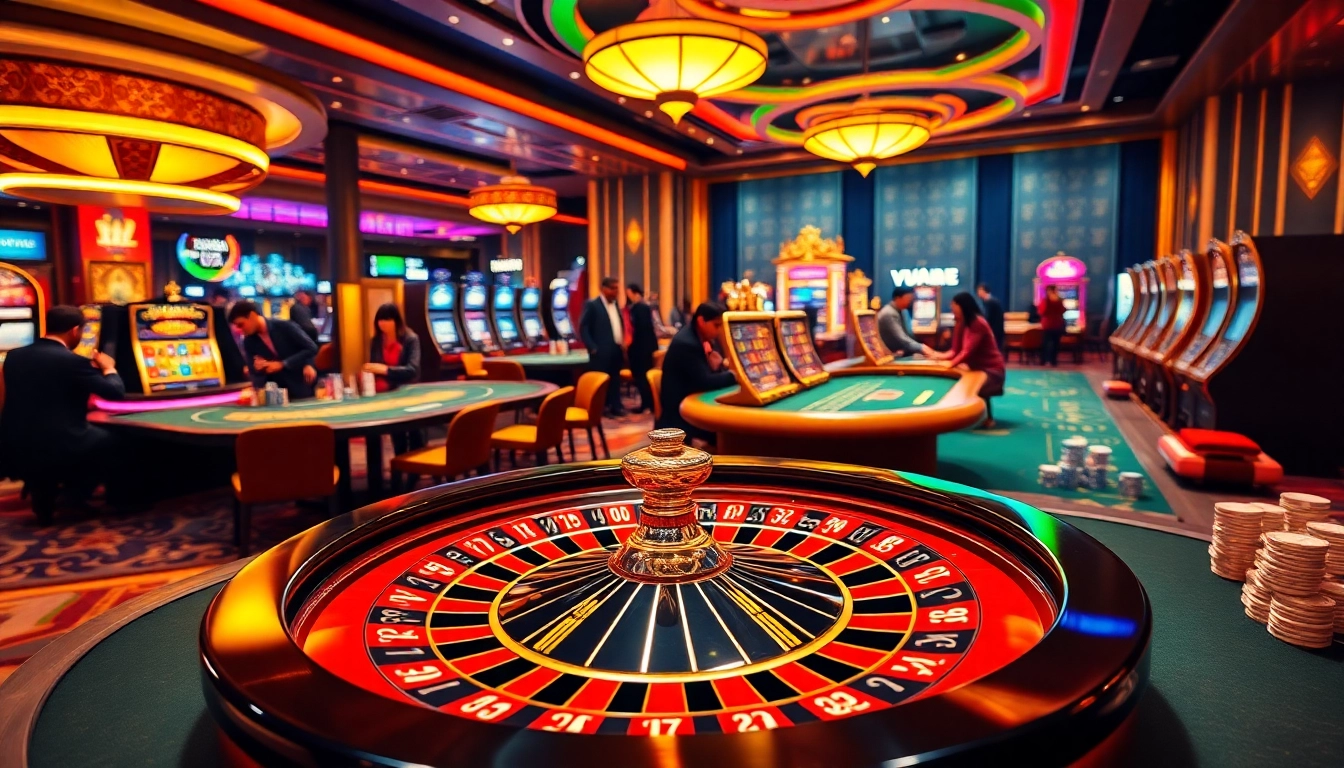 Players enjoying a thrilling game at Vuabai9 casino with vibrant gaming tables and exciting atmosphere.