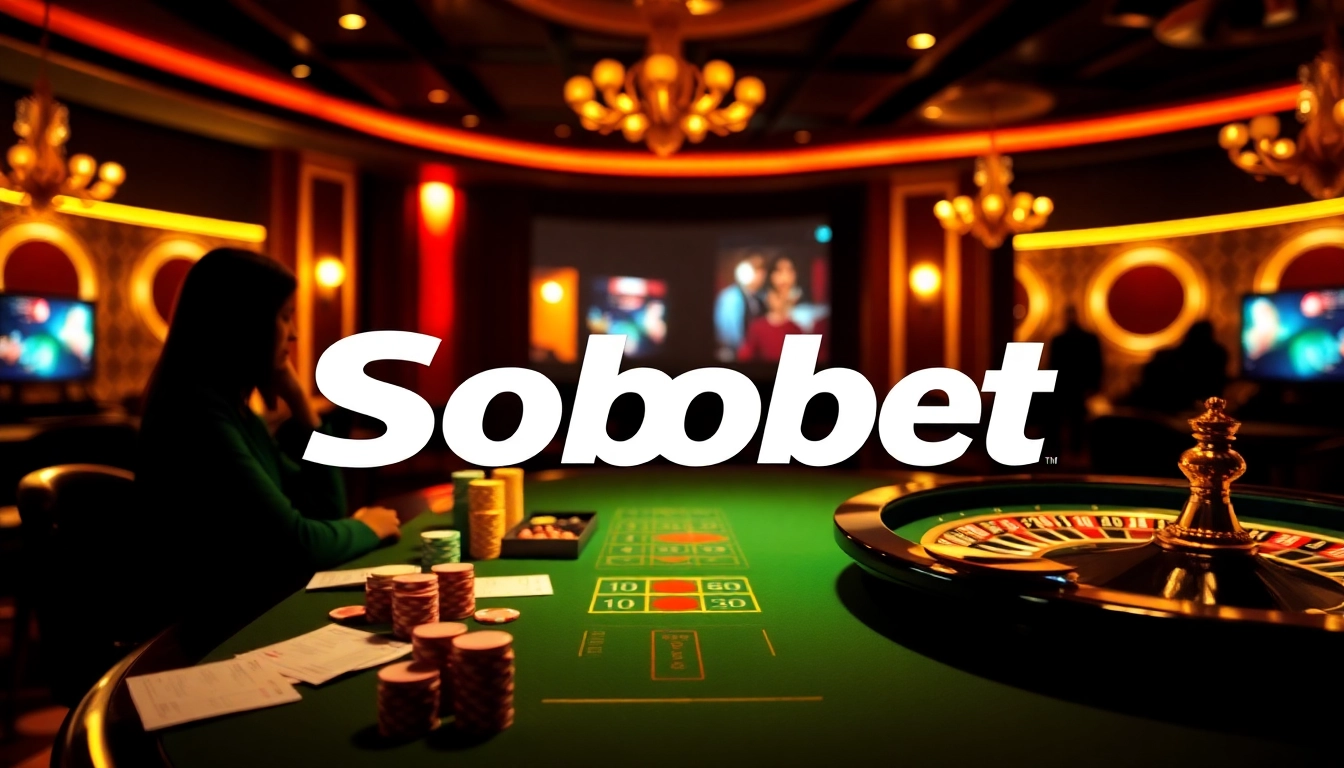 Sbobet logo displayed at a casino table, showcasing poker chips and a roulette wheel in a vibrant online gambling scene.
