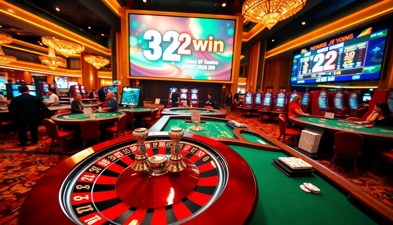 A vibrant casino scene showcasing the excitement of gaming while featuring the keyword 32 win prominently in the digital display.