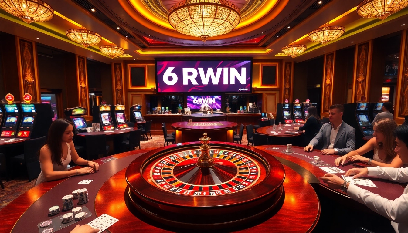 Experience thrill and luxury at 6RWIN casino, featuring roulette, slot machines, and vibrant gaming tables.