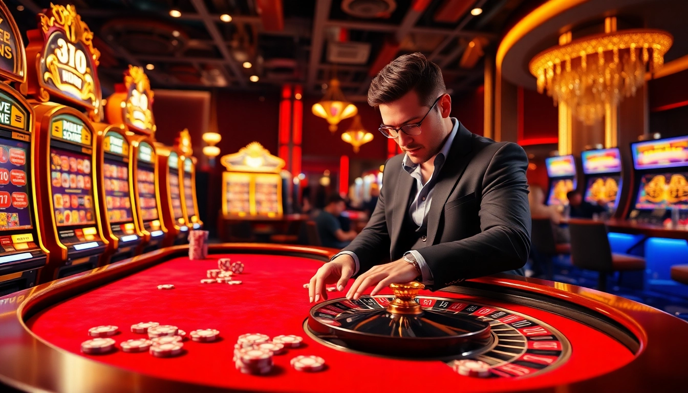 KJC players enjoying a thrilling casino atmosphere with vibrant slot machines and poker tables.