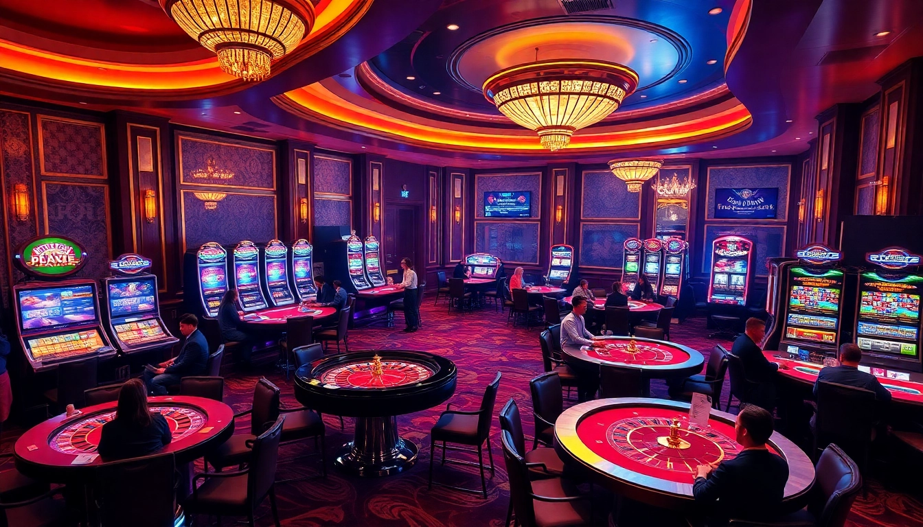 Experience the thrill at the top club with gamblers at roulette tables and vibrant slot machines.