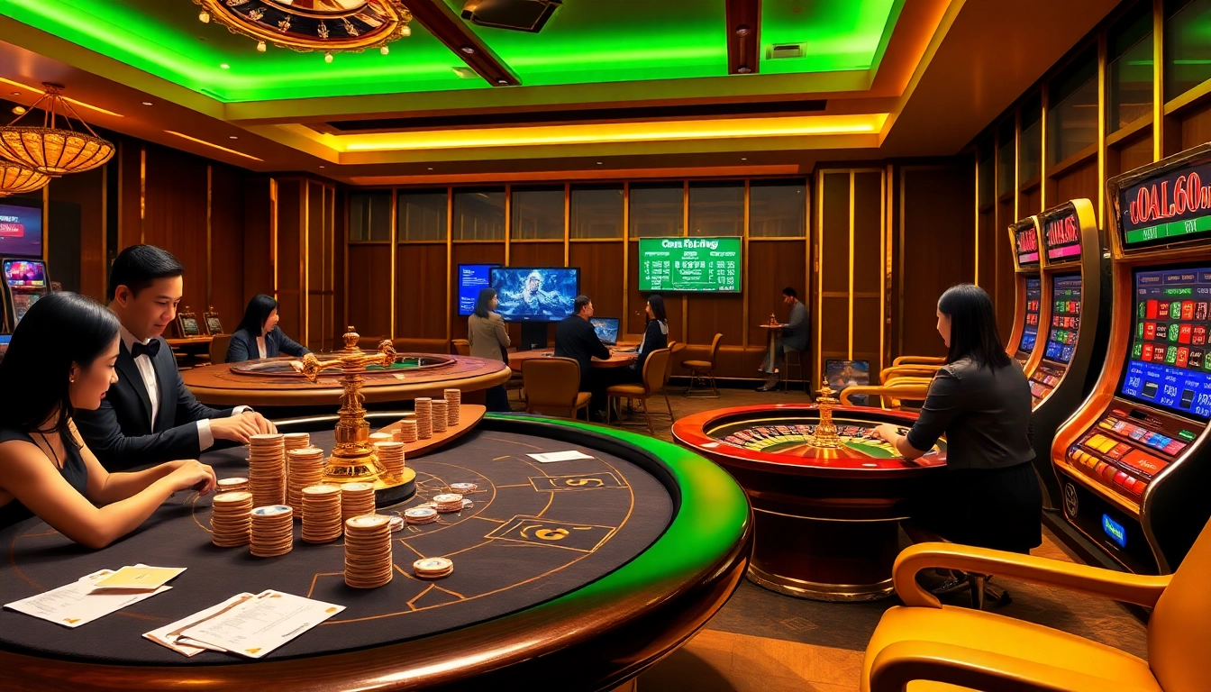 Exciting u888 gaming scene with poker, roulette, and slot machines.