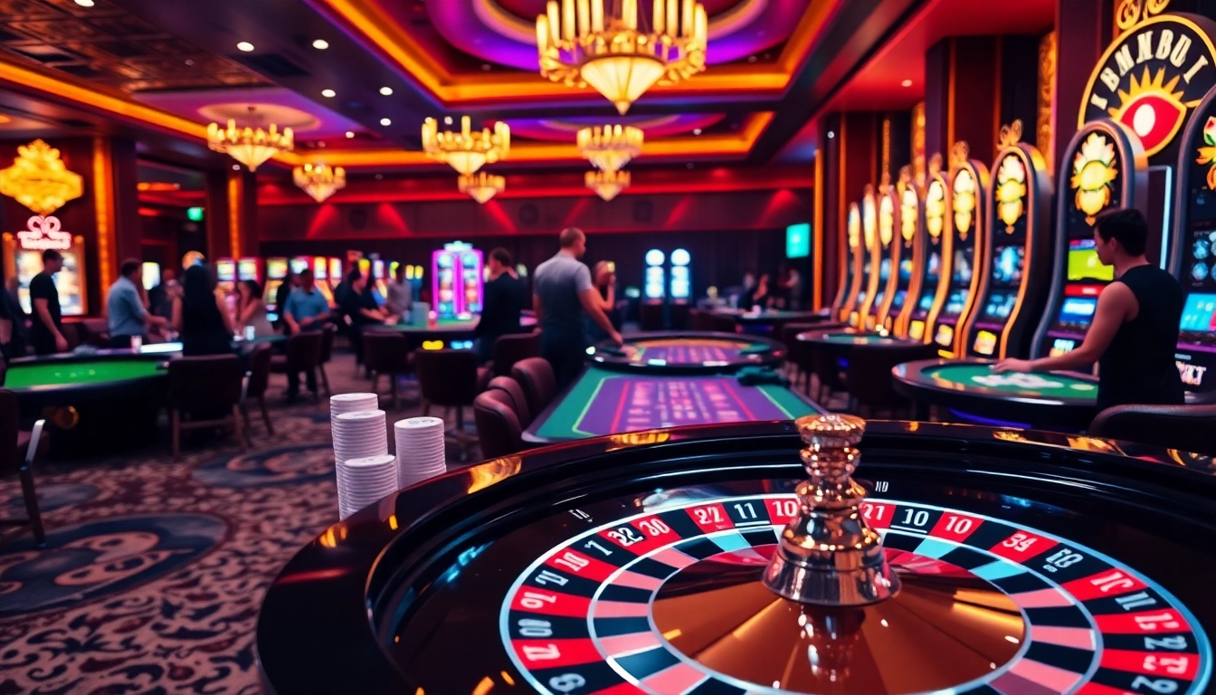Experience the thrill of MM88 with a dynamic casino scene showcasing poker tables and a roulette wheel.