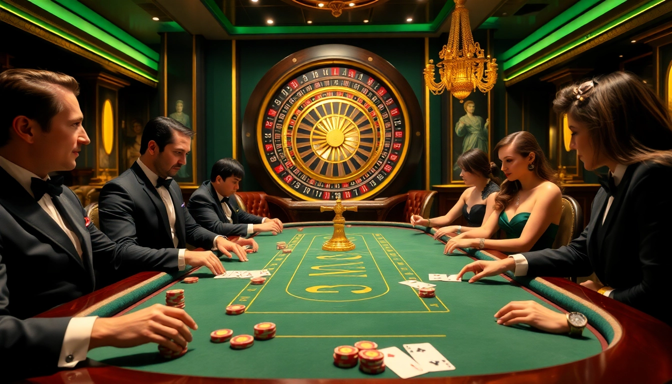 KJC poker table action with vibrant chips and elegant players in a luxurious casino setting.
