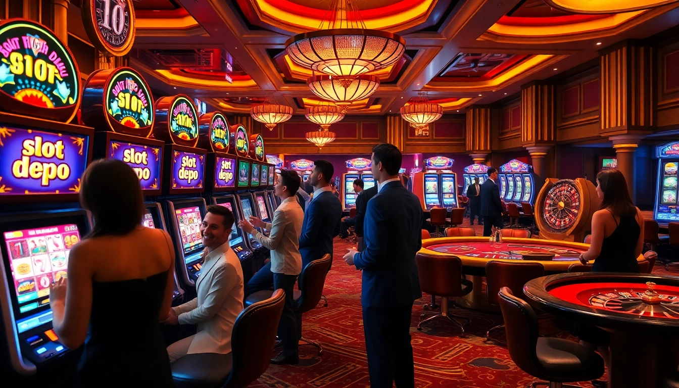Experience the excitement of slot depo 1k with players at glamorous slot machines in a vibrant casino.